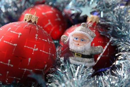 Red christmas balls in to a tinselの写真素材
