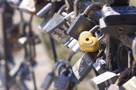 Many hanging locks - old wedding tradition in Russiaの写真素材