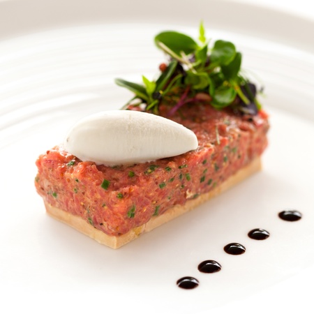 Close up of beef tartar with foie grasの写真素材
