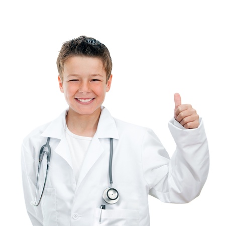 Concept Portrait of future doctorshowing thumbs up Isolated on white backgroundの写真素材
