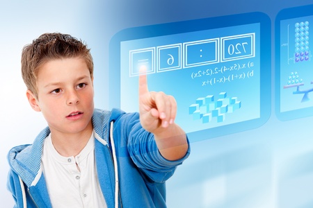 Young student with virtual futuristic interface simulating digital blackboard の写真素材