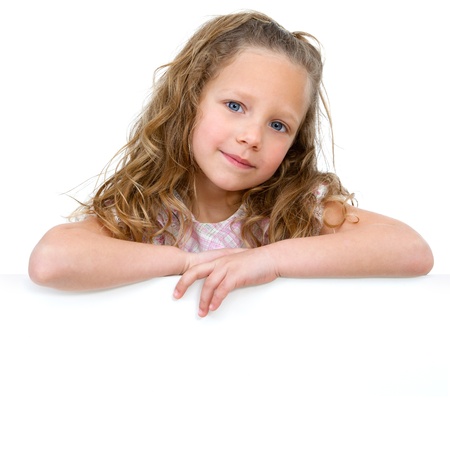 Close up Portrait of little girl with white copy space  Isolated on white background の写真素材