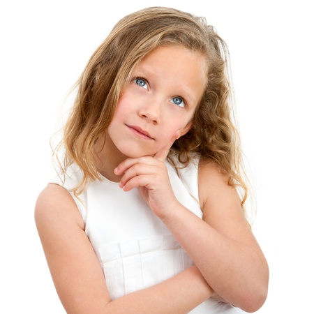 Close up Portrait of cute little girl with wondering face expression  Isolated on white background の写真素材
