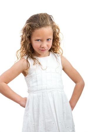 Portrait of  little girl with angry face expression  Isolated on white background の写真素材