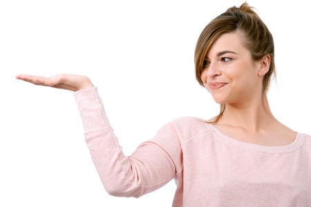 Close up Portrait of young woman with hand raised on copy space  Isolated on white background の写真素材