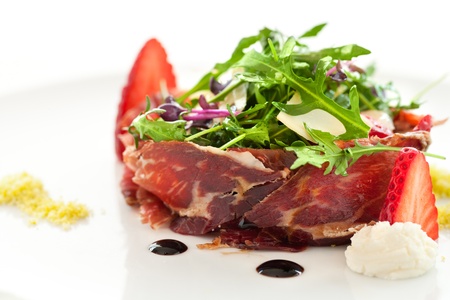 Macro close up of green salad with ham の写真素材