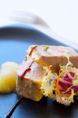 Macro close up of foie gras micuit with sweet apple sauce and lettuce.の写真素材