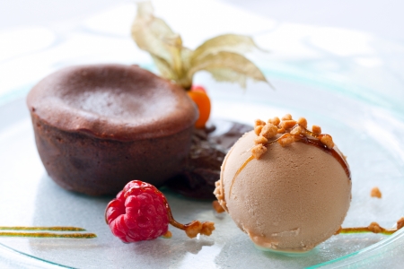 Close up of Ice cream and hot chocolate coulant dessert.の写真素材
