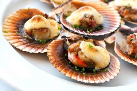 Macro close up of queen scallop starter with garlic dressing.の写真素材