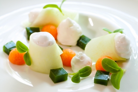 Close up of creative modern and minimalist melon variety dessert の写真素材
