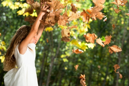 Young happy girl playing with autumn leaves in park.の写真素材