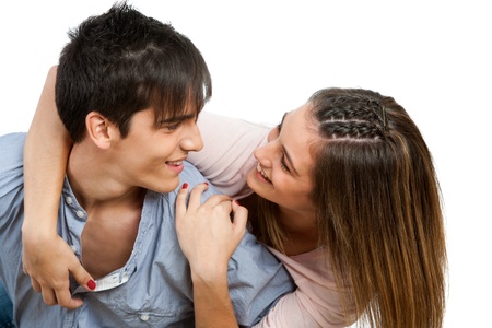 Close up portrait of teen couple with in love face expression.Isolated.の写真素材