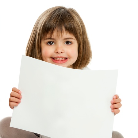 Close up portrait of cute girl holding blank paper.Isolated.の写真素材