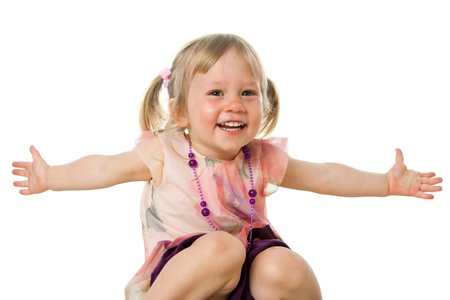 Close up portrait of cute girl with arms open.isolated on white.の写真素材