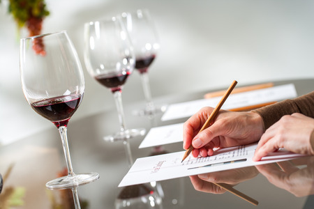 Close up of female hands writing notes at wine tasting.の写真素材