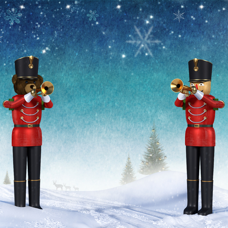 Fun 3D illustration of two toy soldiers in red uniform playing trumpets.Teddybear soldier and wooden...