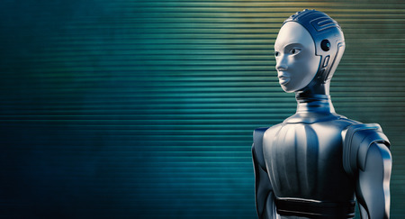 Close up portrait of female robot in chrome suit  against reflective blue and green steel background.の写真素材