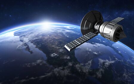 3D illustration of GPS satellite antenna in orbit around the world.の写真素材
