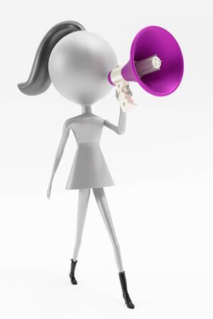 3D render of female character holding loudspeaker. Isolated on white background.の写真素材