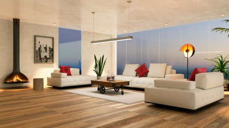 Interior 3D illustration of modern living room. Cozy fire place with white leather couch and coffee...