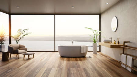 3D illustration of Luxury bathroom with round bath tub and wooden parquet flooring. Furnished room with sea view at sunset.の写真素材