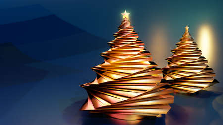 3D render of abstract golden christmas trees with glowing star against dark blue background.の写真素材