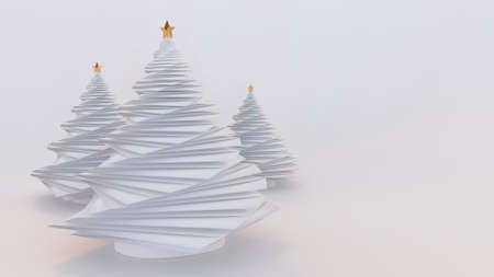 3D render of three white abstract christmas trees with golden stars isolated against white background.の写真素材
