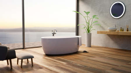 3D render of luxurious furbished bathroom with sea view. Sunset scene with round bathtub and wooden parquet flooring.の写真素材