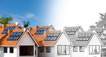 Conceptual 3d illustration Condominium house design with solar panels. Pencil draft fading into final color render.の写真素材