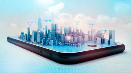 Conceptual 3D render of smart city hologram on smartphone screen. Wifi icons connections between buildings against light blue sky background.の写真素材