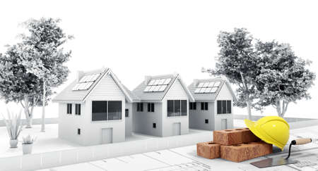 3D  illustration of conceptual condominium town house model plan. Yellow construction helmet, hand bricklaying trowel tool and brown bricks in foreground.の写真素材