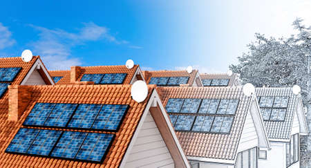 Conceptual 3D illustration of condominium house design with solar panels. Pencil draft fading into final color render.の写真素材