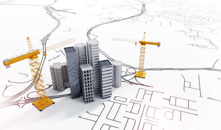 3d illustration of conceptual city planning.Top view of office buildings with construction cranes on schematic layout.の写真素材