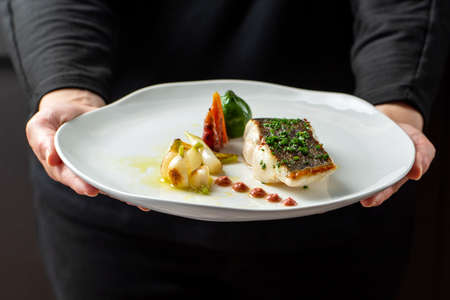Close up front view of waiter holding gourmet dish of roasted fish fillet with eco vegetables. White plate with food against dark background.の写真素材