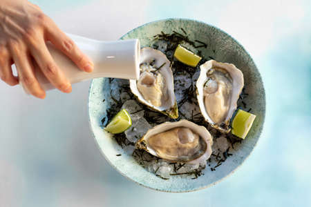 Close up top view of hand pouring vinegar dressing on fresh oysters on crushed ice.の写真素材