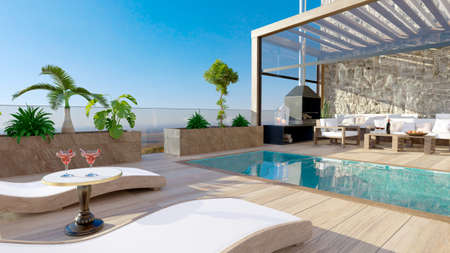 3D render of luxury contemporary outdoor wooden patio with swimming pool.Deck chairs with umbrella...