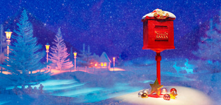 3D render of red mailbox for letters to Santa Claus and decorative Christmas balls. Snowy rural landscape scene with village and pine trees at in background at dawn.の写真素材