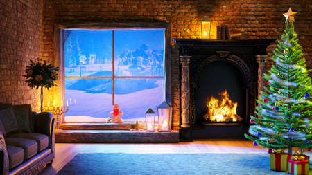 3D render of cozy fireplace in rural cabin. Christmas tree with present.  Window with snow landscape in background at twilight.の写真素材
