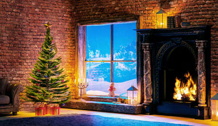 3D illustration of cozy fireplace in rural cabin. Christmas tree with presents next to window with snow landscape in background.の写真素材