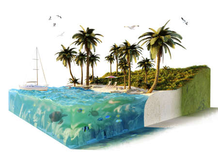 3D illustration of a conceptual tropical island cut out isolated on white background. Beach with palm trees, vegetation, and a sun umbrella. Transparent ocean with tropical fish and yacht.の写真素材