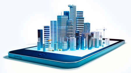 3D render of a conceptual city emerging from a smartphone screen. Front view of illustration isolated on white background.の写真素材