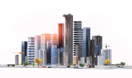 3D illustration of a conceptual city with skyscrapers, road networks, and transportation. Isolated on white background.の写真素材
