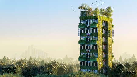 3D illustration of a residential building covered with vegetation. Conceptual eco-friendly building with urban skyline in background.の写真素材
