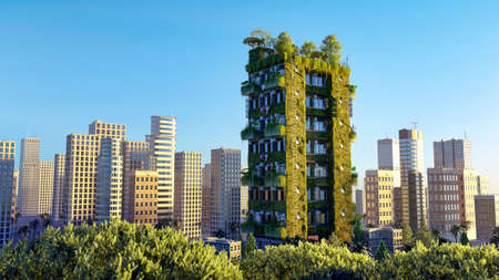 3D illustration of smart eco-friendly building in a modern city. Skyscraper covered with vegetation...