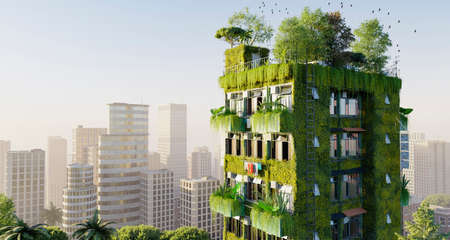 3D render of a residential skyscraper with vertical plant growth. Conceptual green eco-building in a modern city.の写真素材