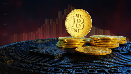 3d illustration of conceptual cryptocurrency coins with stats in background.の写真素材