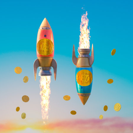 3D illustration of cryptocurrency coins attached to rockets. Conceptual render of rising and fall of the economy.の写真素材