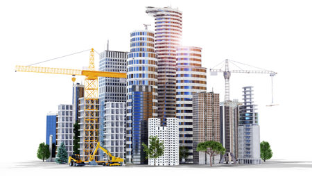 3D render of conceptual urban building construction. Multiple skyscrapers and buildings are under construction with gigantic cranes and diggers. Isolated on white background.の写真素材