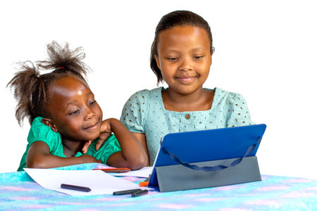 Portrait of Two little African kids looking together at digital tablet at table. Isolated on white background.の写真素材