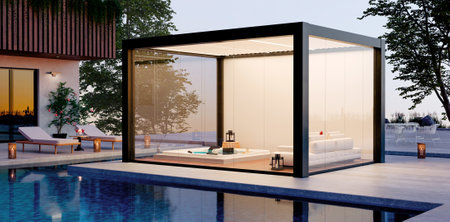 3D illustration of a bioclimatic pergola on a private outdoor patio at dusk. Black steel framed pergola with glass blades, bathtub and sofa surrounded by swimming pool.の写真素材